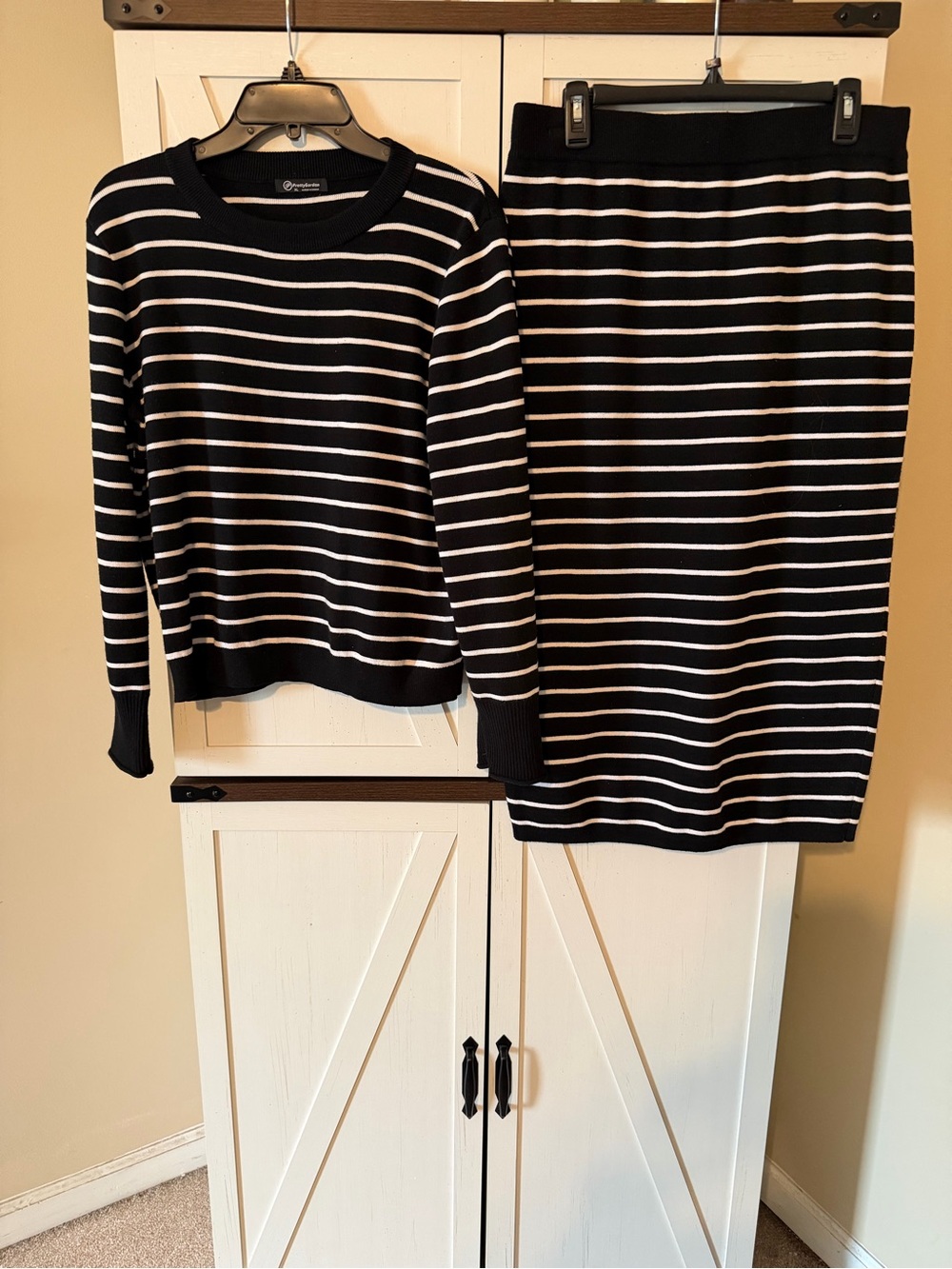 Black and White Striped Pencil Sweater & Skirt Set - Women